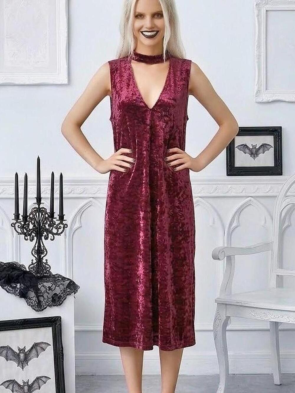 PaperDoll Burgundy velvet midi dress with a deep v-neck and choker  Size: 3XL